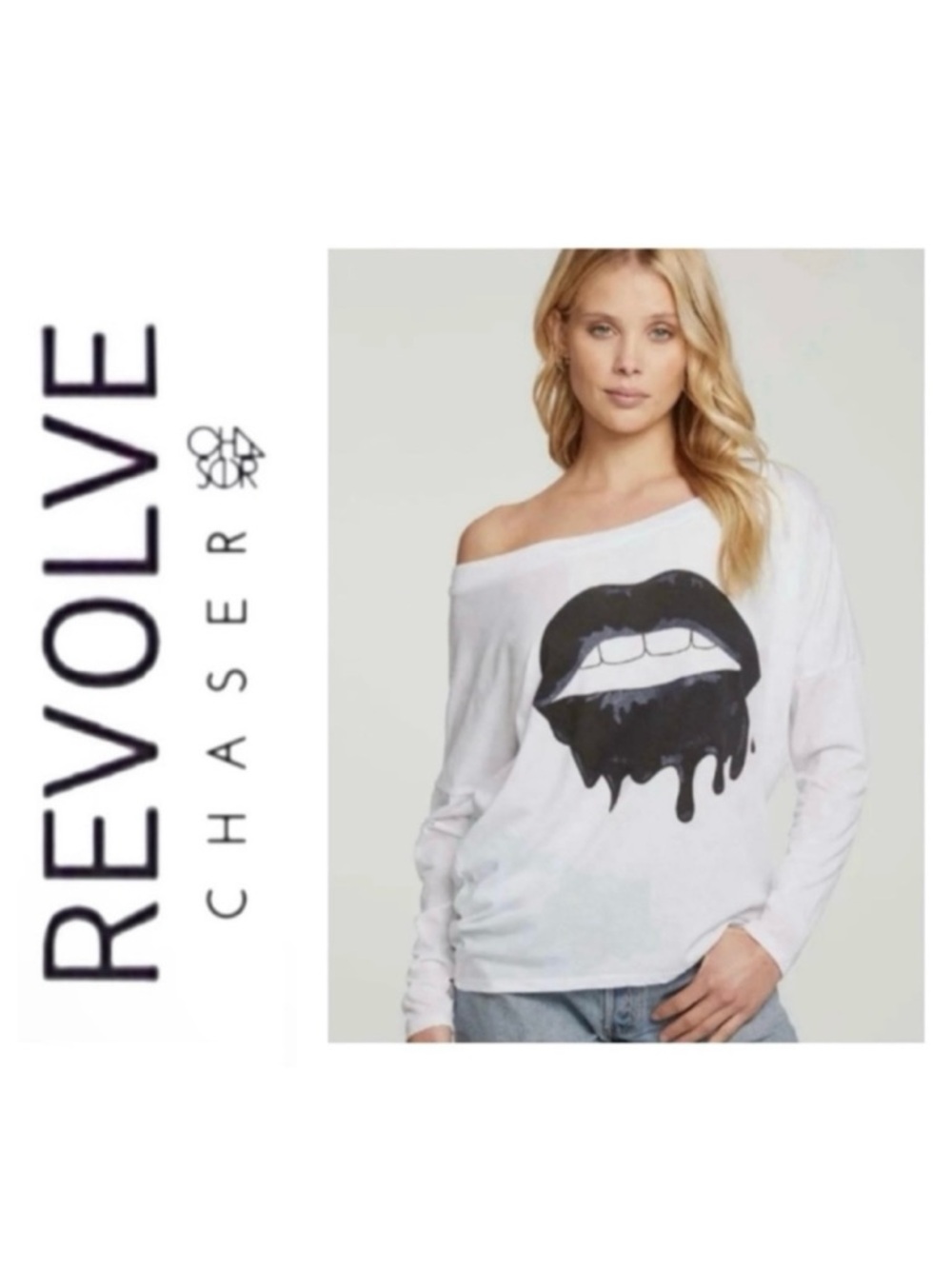 NWT Revolve × Chaser Drippy Black Lips White Long Sleeve Tee